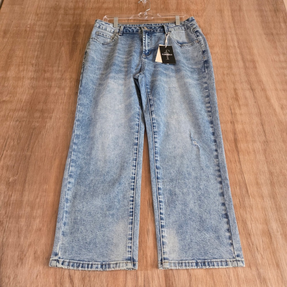Flamingals Light Wash Wide Leg Jeans L Distressed Acid Acid Wash Stretch Denim